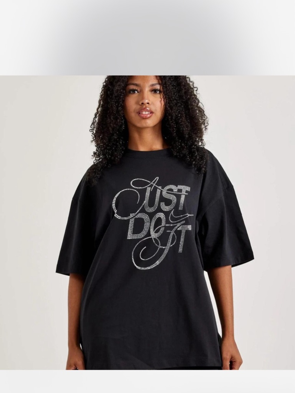 New Nike Black Graphic Tee with 'Just Do It' Rhinestone Script Sz.L